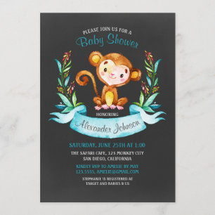 Chalkboard Watercolor Monkey Boy Baby Shower Invitation