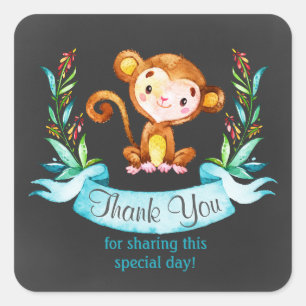 Chalkboard Watercolor Monkey Boy Thank You Square Sticker