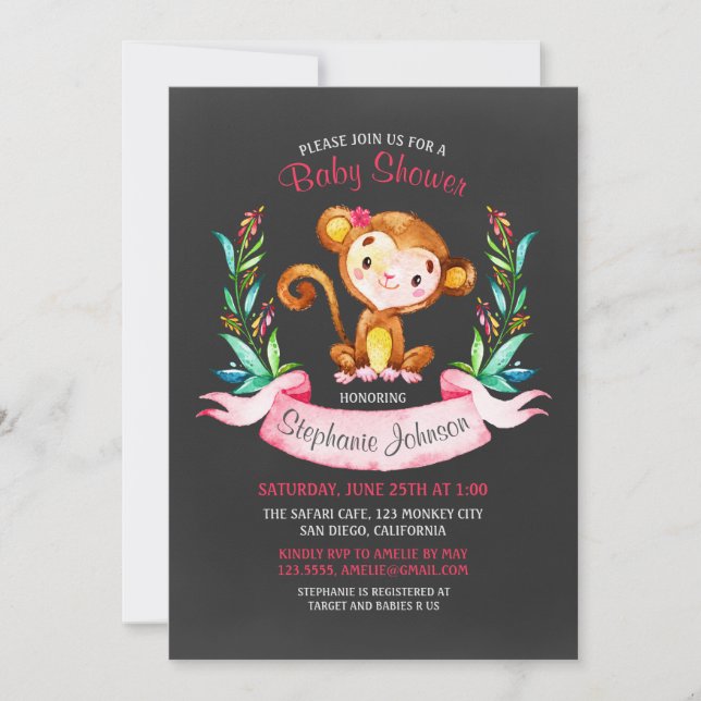 Chalkboard Watercolor Monkey Girl Baby Shower Invitation (Front)
