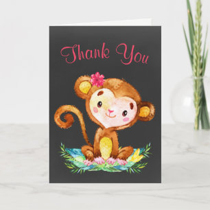 Chalkboard Watercolor Monkey Girl Thank You Card