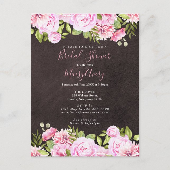 Chalkboard Watercolour Floral Bridal Shower Announcement Postcard (Front)