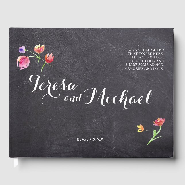 Chalkboard Watercolour Flower Painting, rustic Guest Book (Front)