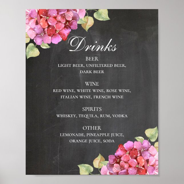 Chalkboard wedding alcohol drinks bar. Pink flower Poster (Front)