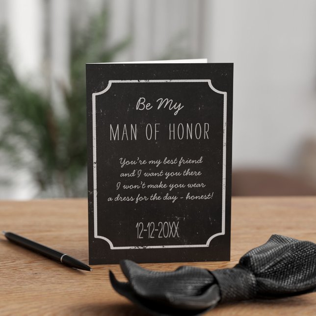 Chalkboard Wedding Be My Man of Honour Request Car Invitation (A rustic chalkboard vibe for your Man of Honor. Just add his name, a message and your wedding date)