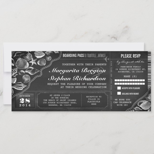Chalkboard wedding boarding pass tickets invitation (Front)