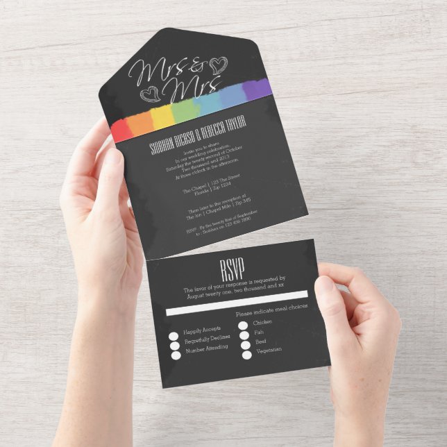 Chalkboard wedding doodle hearts Mrs and Mrs All In One Invitation (Tearaway)