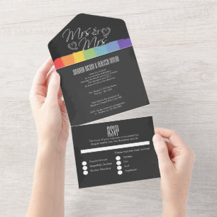 Chalkboard wedding doodle hearts Mrs and Mrs All In One Invitation
