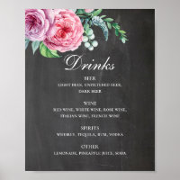 Chalkboard wedding drinks. Pink floral alcohol