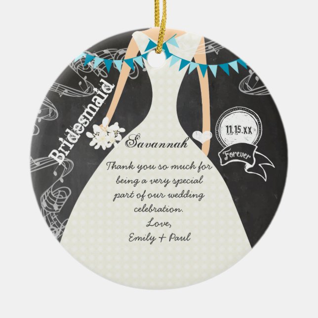 Chalkboard Wedding Gown Bridesmaid Gifts Ceramic Tree Decoration (Front)