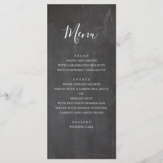 Chalkboard wedding menu. Modern grey dinner menu (Front)