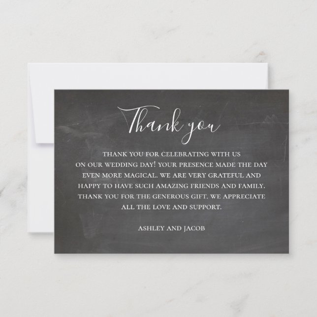 Chalkboard wedding. Modern blackboard script Thank You Card (Front)