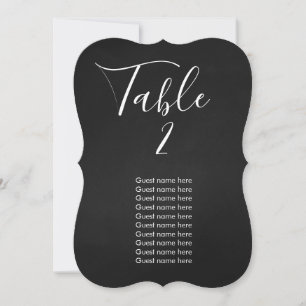 Chalkboard wedding table number + guest names card