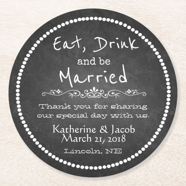 Chalkboard Wedding Thank You Favour Paper Coaster  (Front)