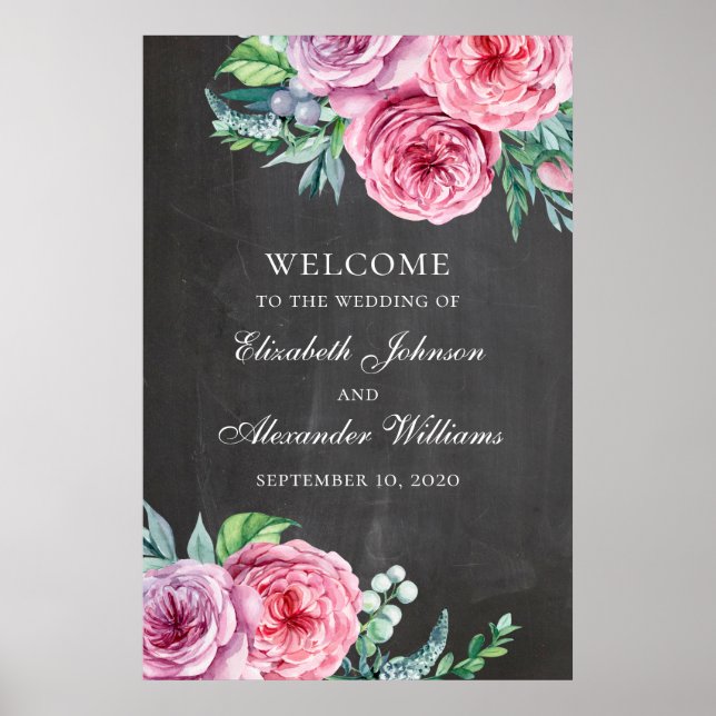 Chalkboard welcome sign print. Boho floral wedding (Front)