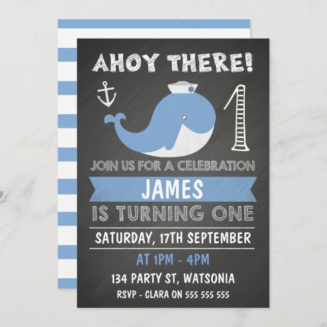 Chalkboard Whale Anchor 1st Birthday Invitation (Front/Back)