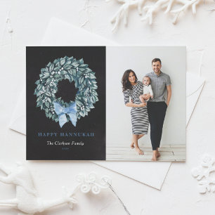 Chalkboard White Berry Wreath Happy Hanukkah Photo Holiday Card