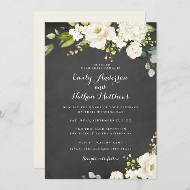 Chalkboard White Champagne Floral Wedding Invitation (Front/Back)