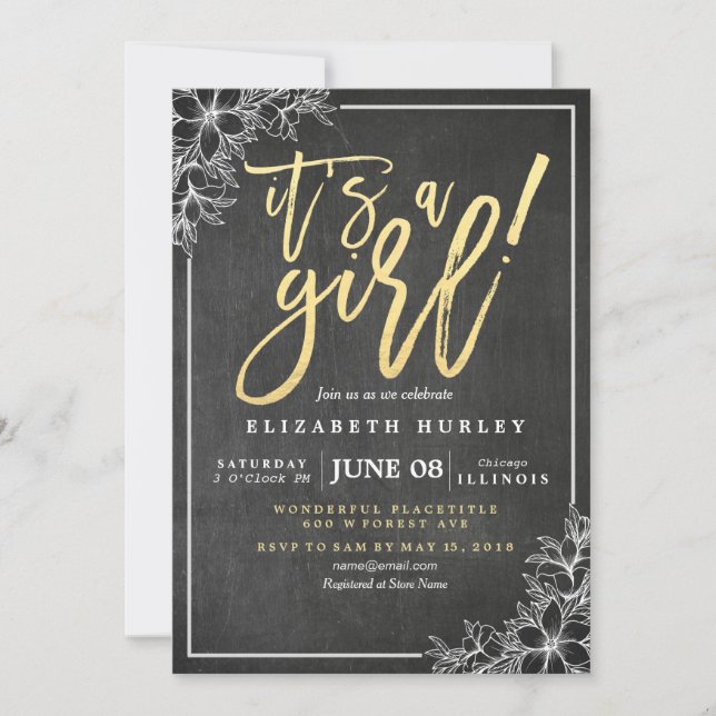 Chalkboard White Floral Gold Script Baby Shower Invitation (Front)