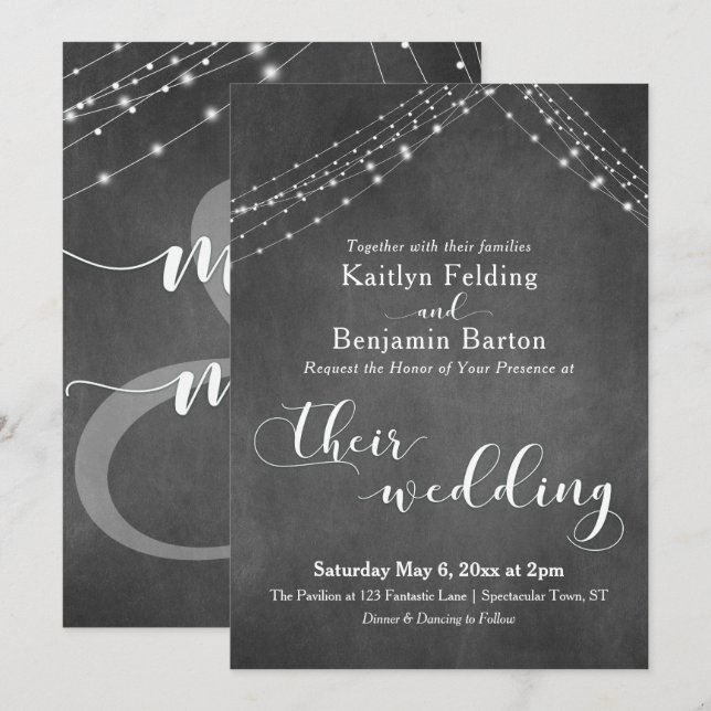 Chalkboard White Light Strings Calligraphy Wedding Invitation (Front/Back)
