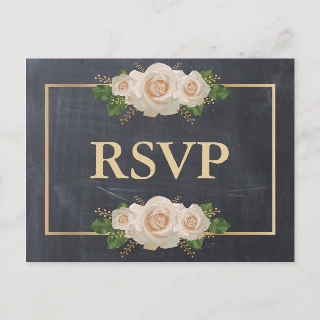 Chalkboard White Rose Golden Frame RSVP Meal Invitation Postcard (Front)