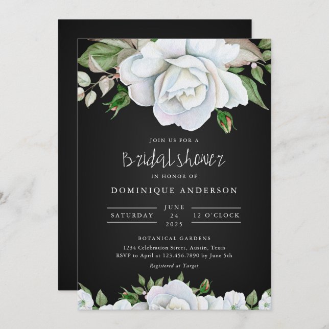Chalkboard White roses bridal shower Invitation (Front/Back)