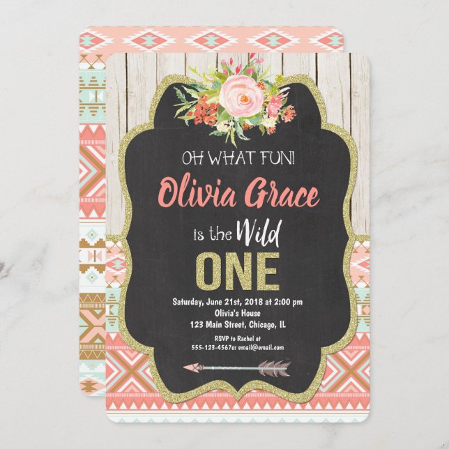 Chalkboard wild one 1st birthday invitation girl (Front/Back)