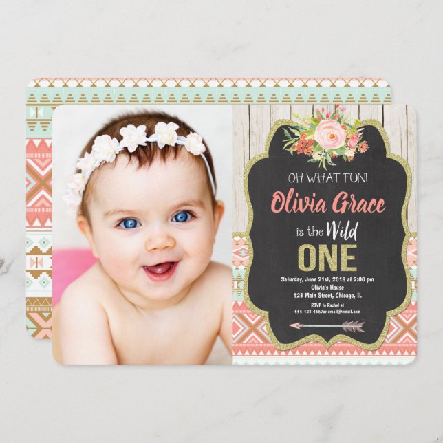 Chalkboard wild one girl 1st birthday photo invitation (Front/Back)