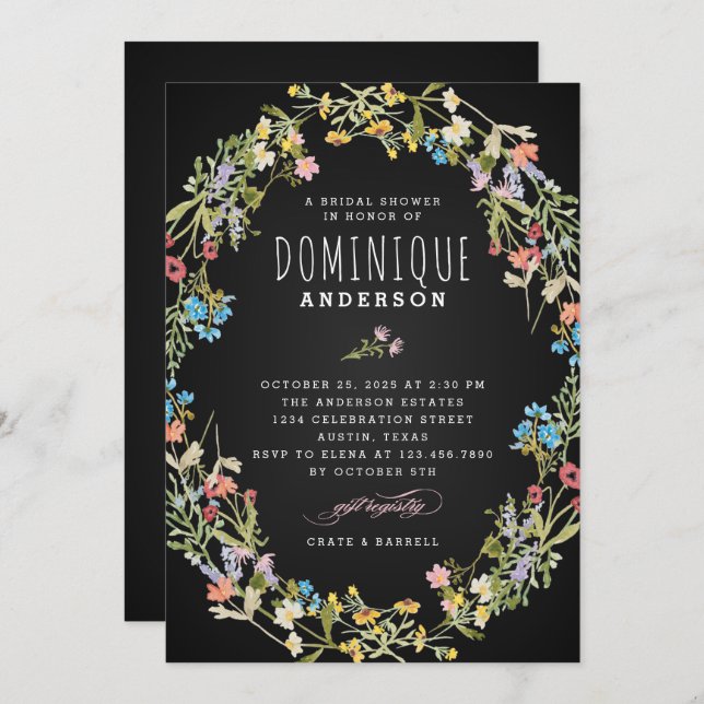 Chalkboard wildflowers frame bridal shower invitation (Front/Back)
