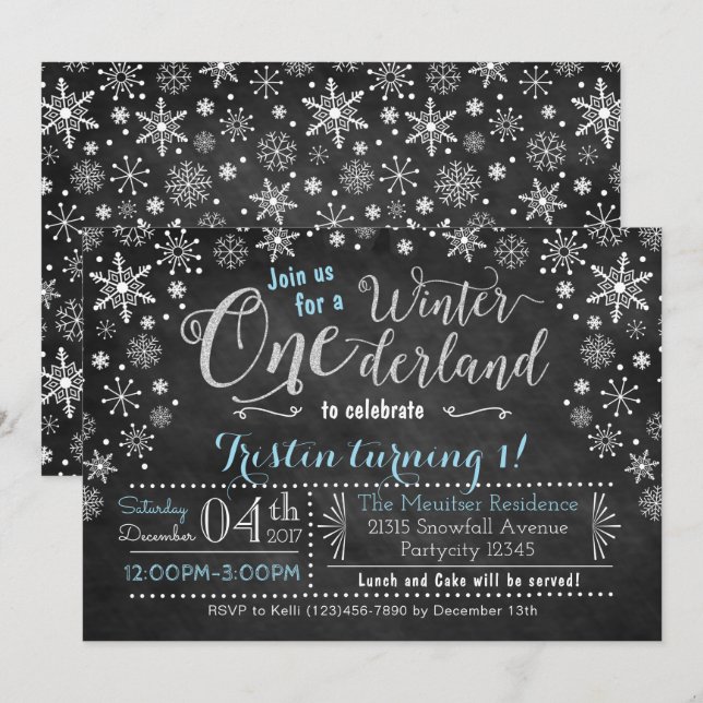Chalkboard Winter ONEderland Birthday Invitation (Front/Back)