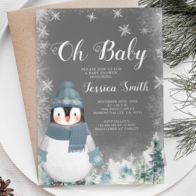 Chalkboard Winter Penguin Oh Baby Shower Forest Invitation (Creator Uploaded)