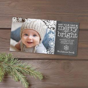 Chalkboard with 1 Photo and snow - merry bright Holiday Card