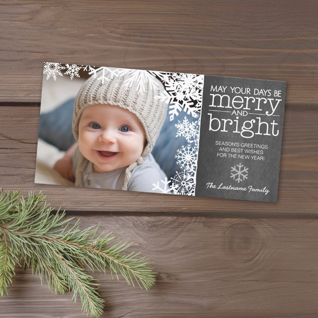 Chalkboard with 1 Photo and snow - merry bright Holiday Card (Add 1 photo to this classic photo card that can be printed or sent out to friends and family.)