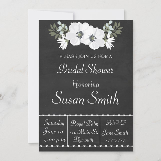 Chalkboard With White Flowers Anemone Bridal Showe Invitation (Front)