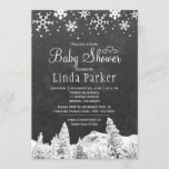 Chalkboard wonderland rustic winter baby shower invitation<br><div class="desc">Rustic country style baby shower winter chic elegant invitation template with borders of white snowflakes, falling snow and pine trees wonderland landscape on dark grey charcoal chalkboard background. Fill in your information in the spots, You can choose to customise it further changing fonts and colours of lettering. ---- The invitation...</div>