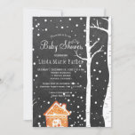 Chalkboard wonderland rustic winter baby shower invitation<br><div class="desc">Rustic country style baby shower winter chic elegant invitation template with a gingerbread house, falling snow and birch trees wonderland landscape on dark grey charcoal chalkboard background. Fill in your information in the spots, You can choose to customise it further changing fonts and colours of lettering. ---- The invitation is...</div>
