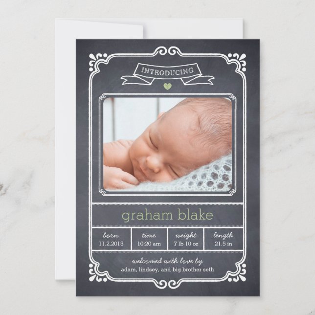 Chalked Frame Birth Announcement - Green (Front)