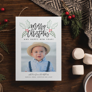 Chalky Brush Script Christmas Hollies Photo Holiday Card