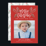 Chalky Brush Script Christmas Hollies Photo Red Holiday Card<br><div class="desc">Featuring modern brush script with our watercolor hollies,  your photo,  and custom text underneath. The back comes with a matching pattern for an extra special touch.</div>