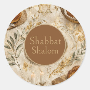 Challah Botanical, Beige Gold, Rustic Shabbat Classic Round Sticker