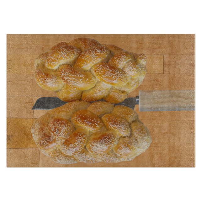 Challah On Cutting Board With Knife (Front)
