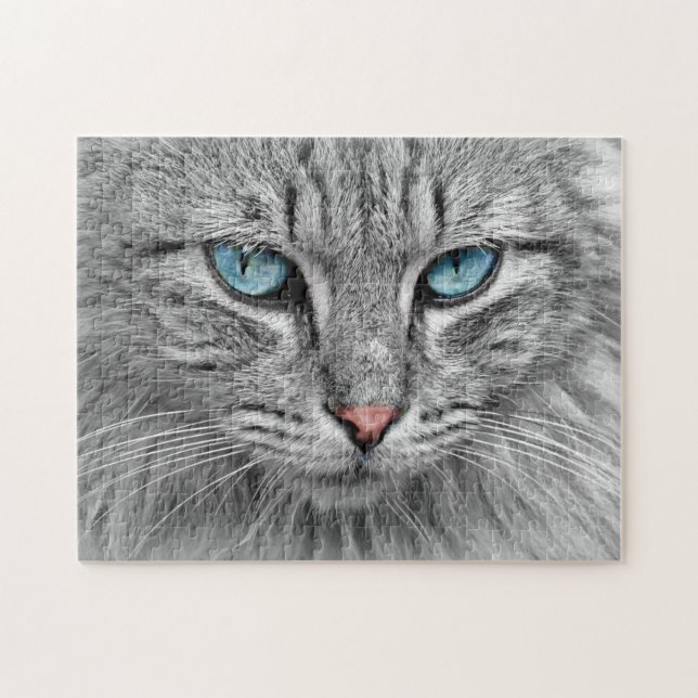 Challenging Grey Tabby Cat with Blue Eyes Jigsaw Puzzle (Horizontal)
