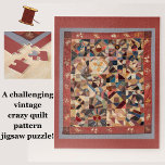 Challenging Vintage Patchwork Crazy Quilt Jigsaw Puzzle<br><div class="desc">This challenging quilt puzzle features the design of a beautiful Victorian friendship patchwork crazy quilt made in the late nineteenth century. Enjoy the intricate, colourful details of the original vintage work - including flowers, raspberries, birds, leaves, a butterfly, ship, moon and star, and interlocking rings – up close while piecing...</div>