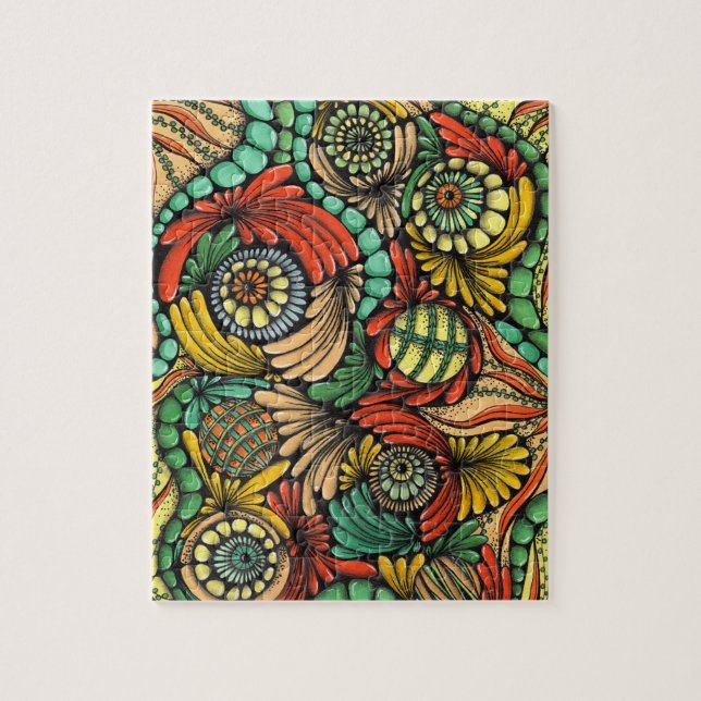 Challenging Zentangle Tropical Green and Orange Ab Jigsaw Puzzle (Vertical)