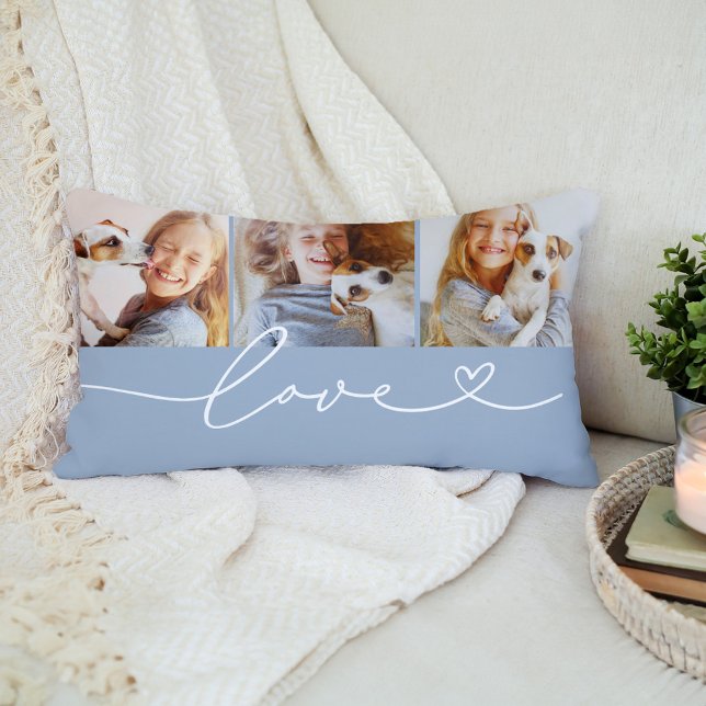 Chambray Blue Love Heart Script 3 Photo Lumbar Cushion (Creator Uploaded)