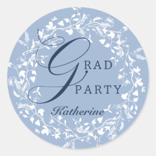 Chambray Blue White Wildflower Wreath Graduation Classic Round Sticker