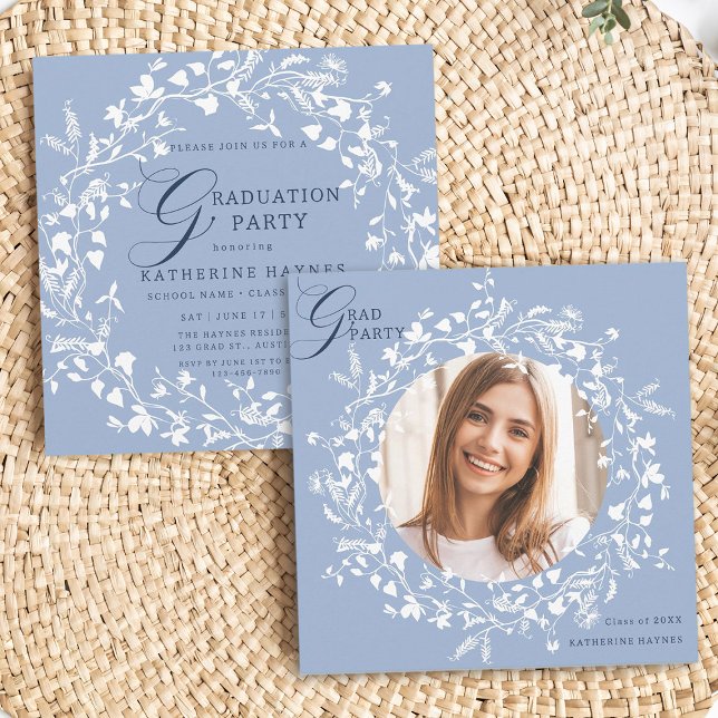 Chambray Blue White Wildflower Wreath Graduation Invitation (Front & Back)
