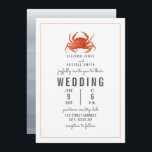 Chambray Crab Pinstripe Wedding Invitation<br><div class="desc">A wedding invitation featuring a watercolor inspired chambray colour design on back.  Front features illustration of a crab and faded red pinstripe border.  Personalise the grey text.</div>