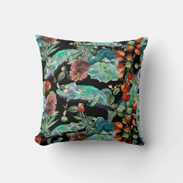 Chameleon and Succulent Pillow (Front)