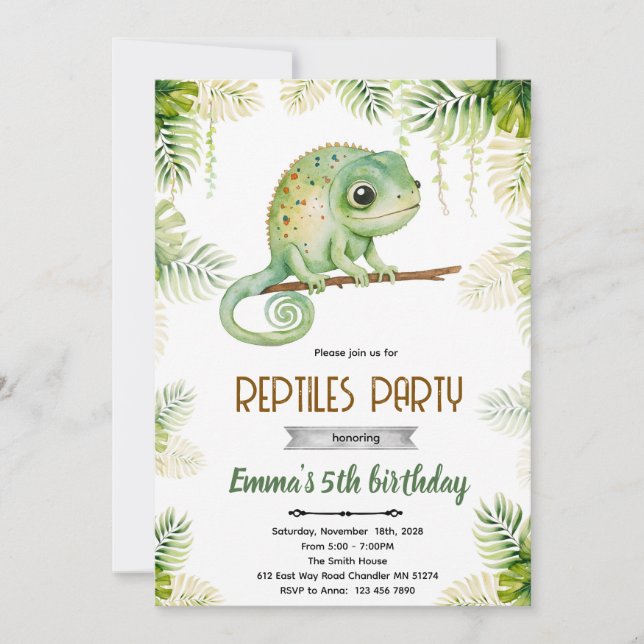 Chameleon birthday party invitation (Front)