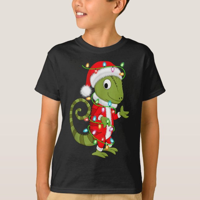 Chameleon Christmas Lights Santa Costume Cute Anim T-Shirt (Front)